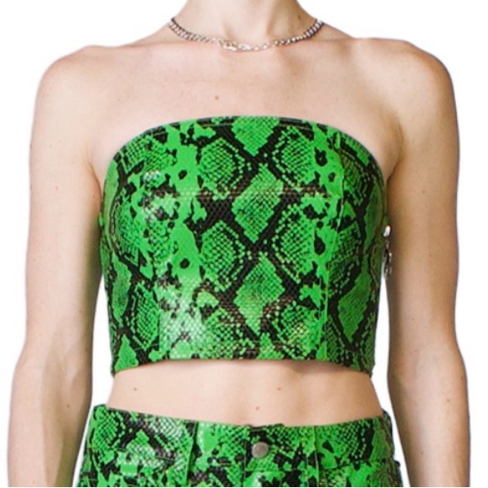 Simon Miller Green & Black Snake-Print Strapless Crop Top